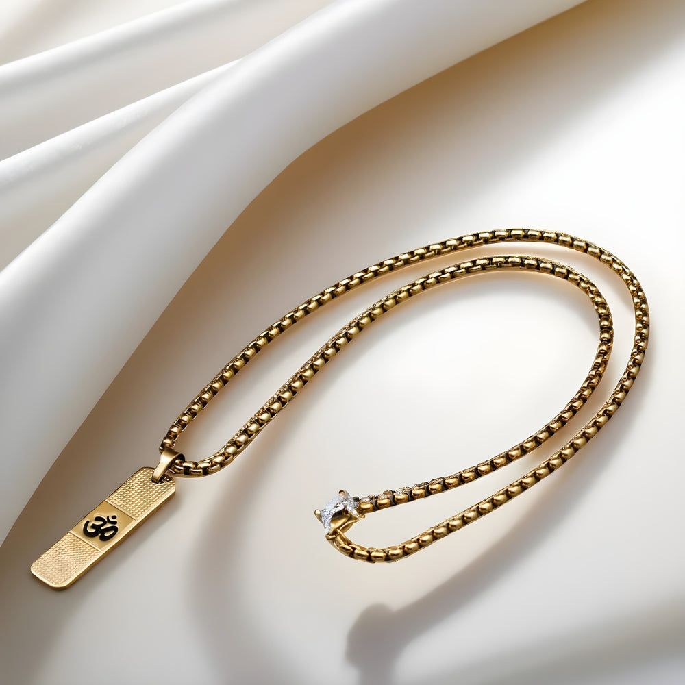 OM Pendant Gold Stainless Steel Necklace Chain For Men (24 Inch)