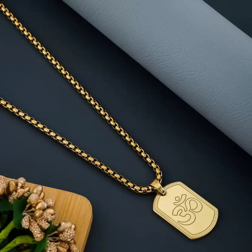 OM Pendant Gold Stainless Steel Necklace Chain For Men (24 Inch)